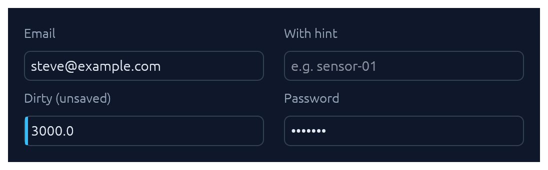 Text inputs — normal, hint, dirty, password