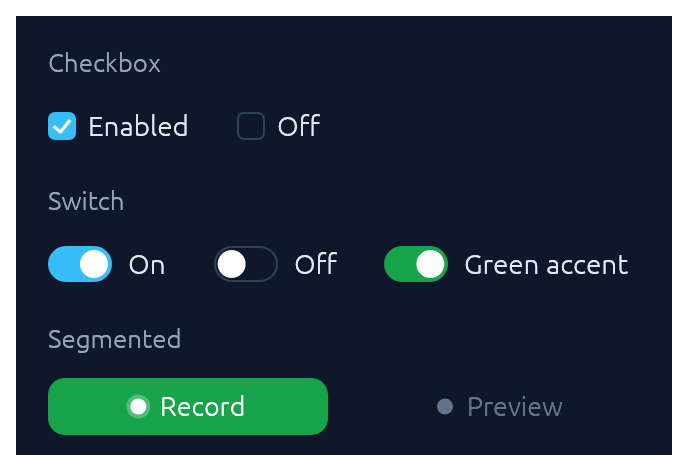 Toggles — checkbox, switch, segmented