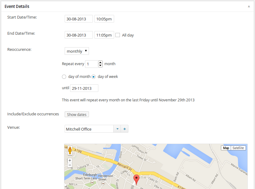 Event details metabox, showing the full reoccurrence options and venue selection