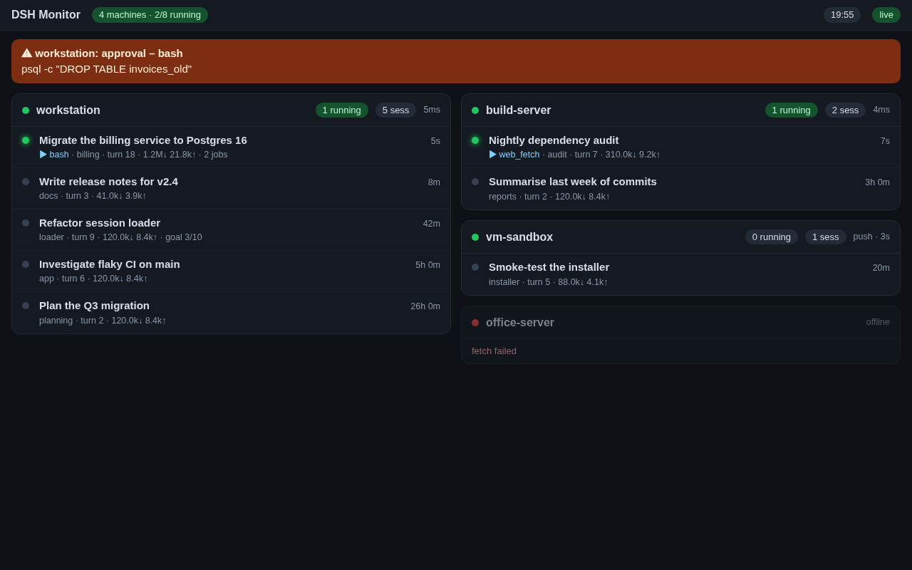 Tablet view: four machines, running sessions with their current tool, an approval banner, and an offline machine