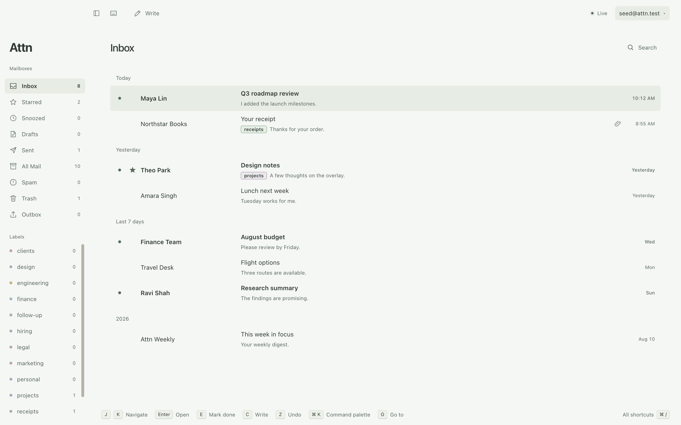 The Attn inbox with the mailbox sidebar, a conversation list, and the keyboard shortcut bar