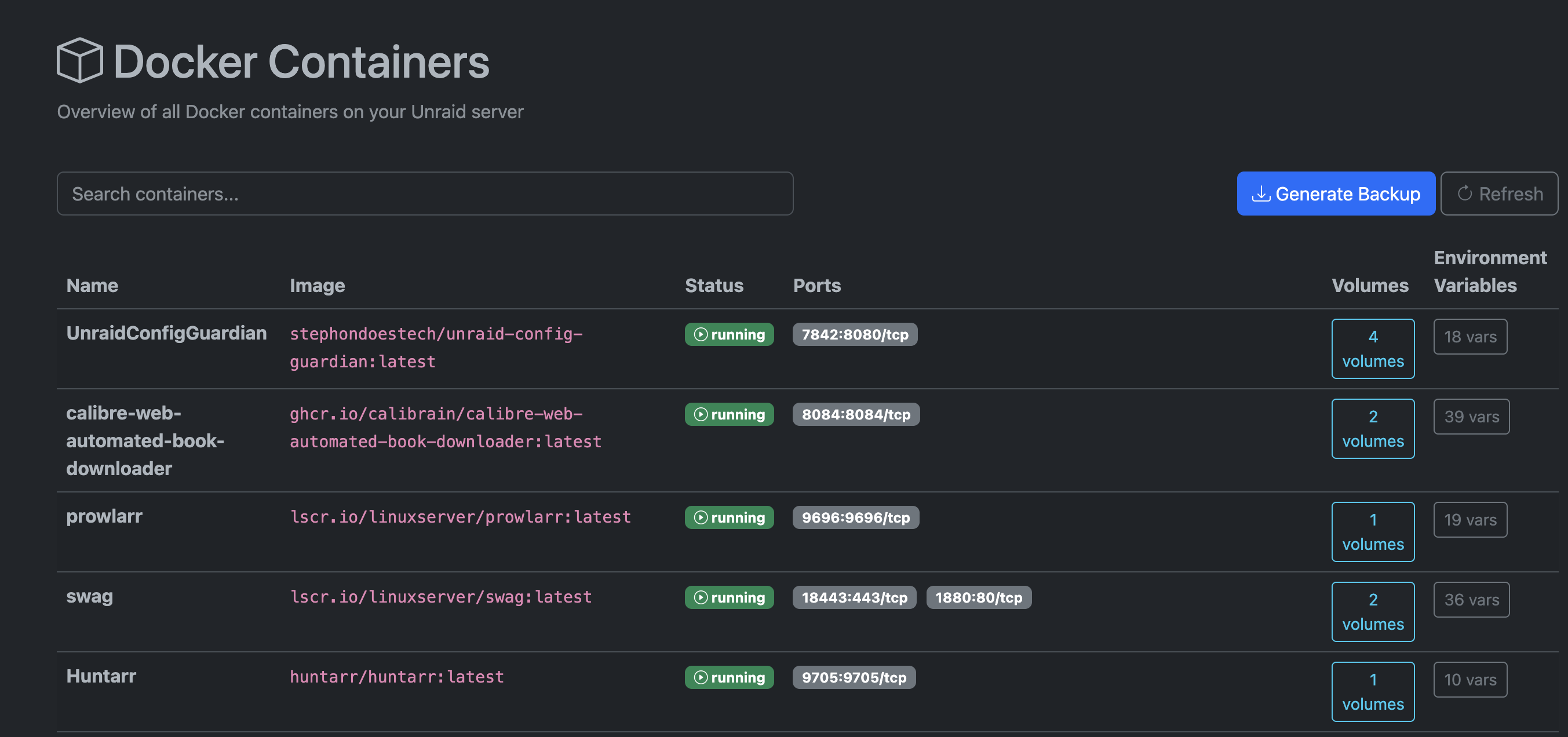 Container Management Screenshot