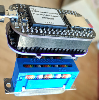 A PocketBeagle/Cameo stack with a connector attached