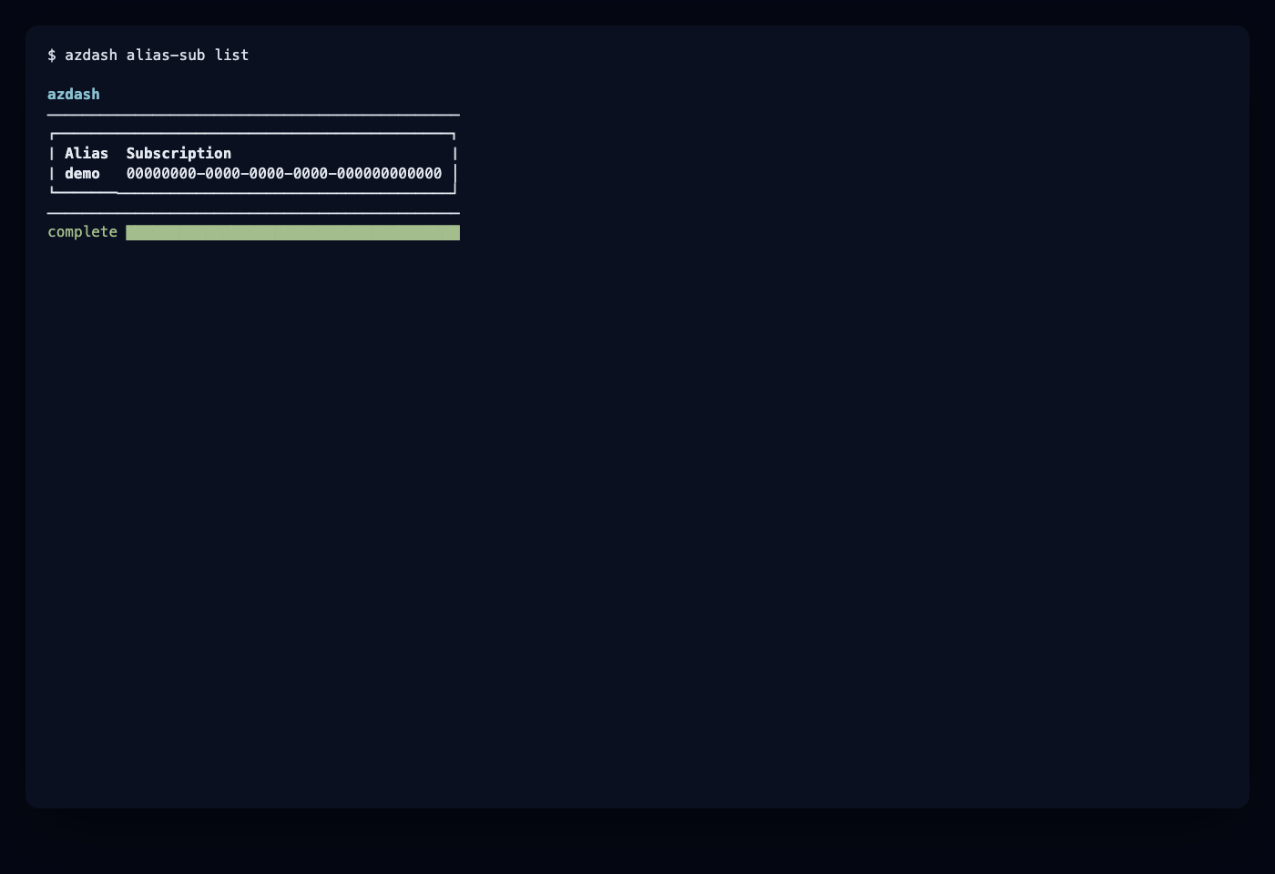 azdash subscription alias table