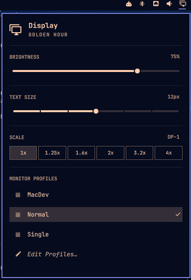 The Display bar widget after taking it over: the same bar icon and brightness/text-size/scale controls, with a MONITOR PROFILES list (MacDev, Normal — active and checked, Single) and an Edit Profiles… row in place of the original per-display list