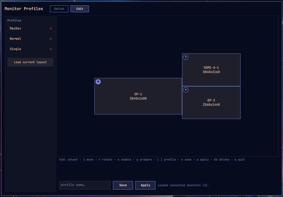 The editor: three saved profiles in the sidebar, a live 3-monitor layout on the canvas, keyboard hints along the bottom