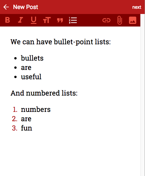 screenshot of lists in our editor