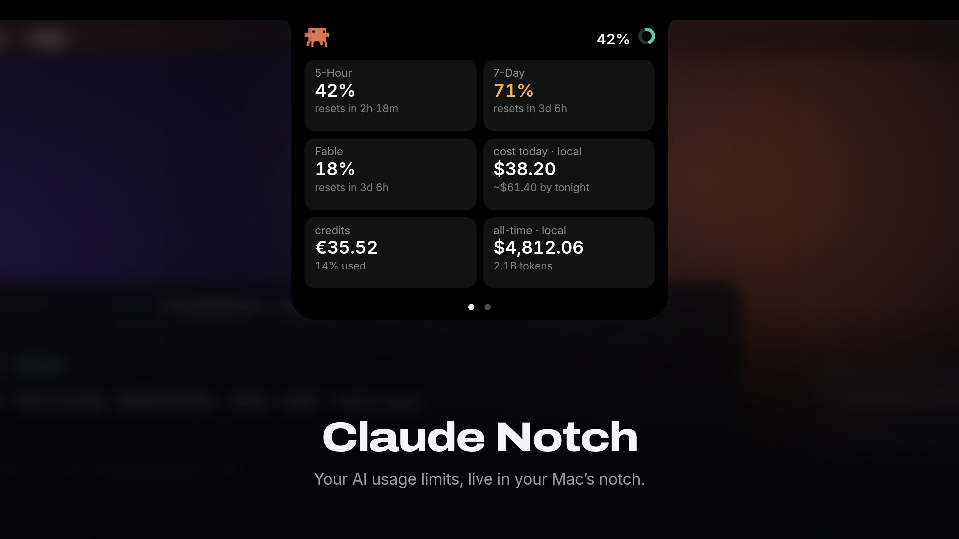 Claude Notch: the notch island open, showing 5-hour, 7-day and Fable limits, today's cost, credits and all-time spend