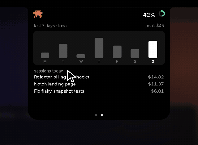 One click on the left icon cycles the island through Claude, Codex, Antigravity, DeepSeek and opencode-go