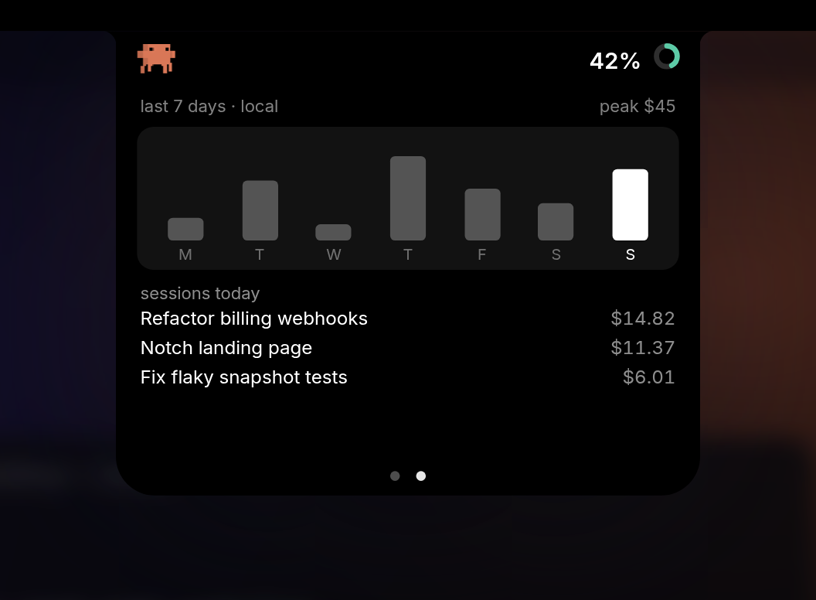 Claude detail page: a 7-day spend chart above today's sessions