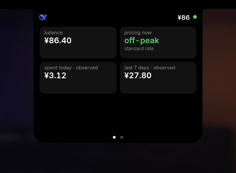 DeepSeek page: balance, off-peak pricing now, spend today and over the last 7 days