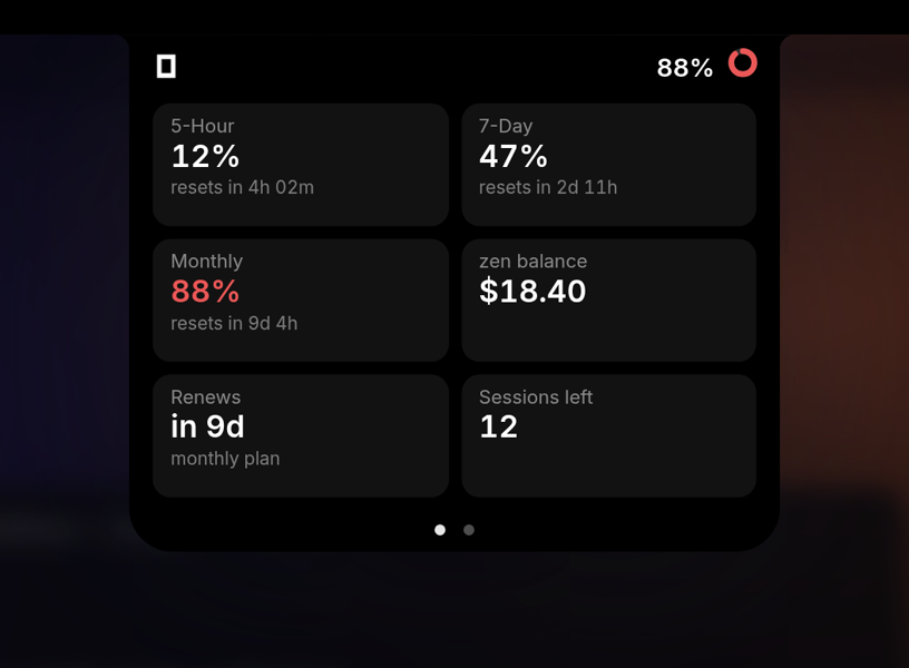 opencode-go page: 5-Hour, 7-Day and Monthly meters, Zen balance, renewal and sessions left