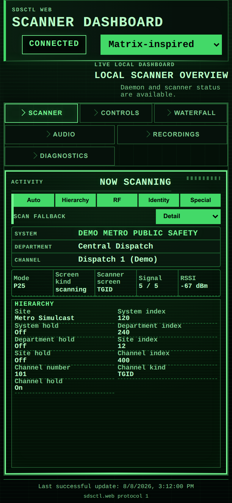 Matrix-inspired theme at a 390x844 CSS viewport and DPR2