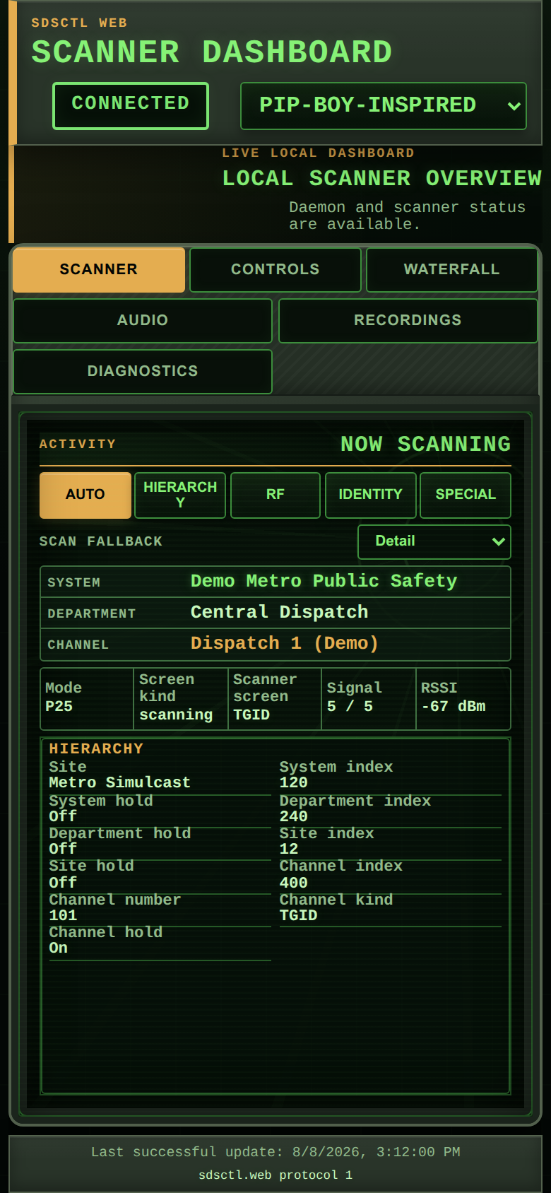Pip-Boy-inspired theme at a 390x844 CSS viewport and DPR2