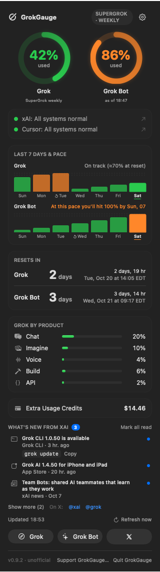 GrokGauge 0.9.2 dropdown with the service status row