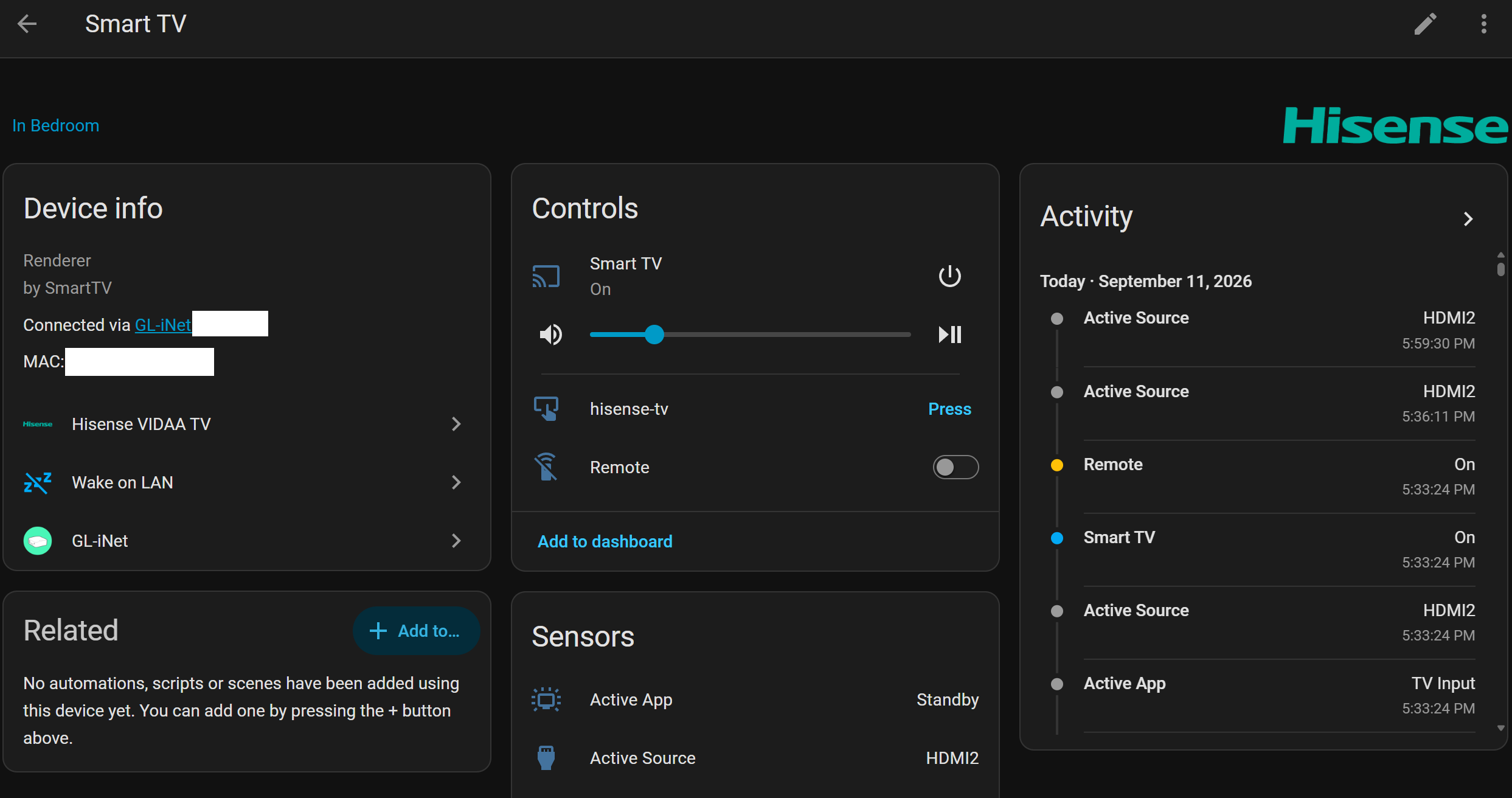 Hisense VIDAA TV Integration Dashboard in Home Assistant