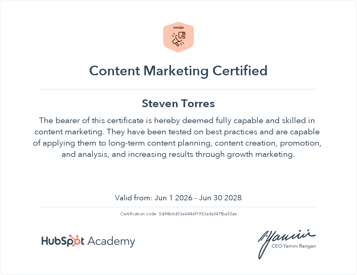 Hubspot Content Marketing Certificate