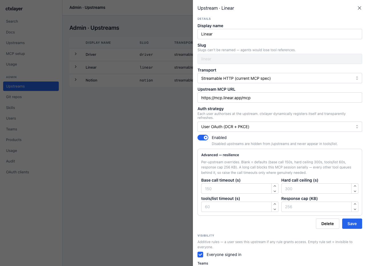 Per-upstream configuration drawer