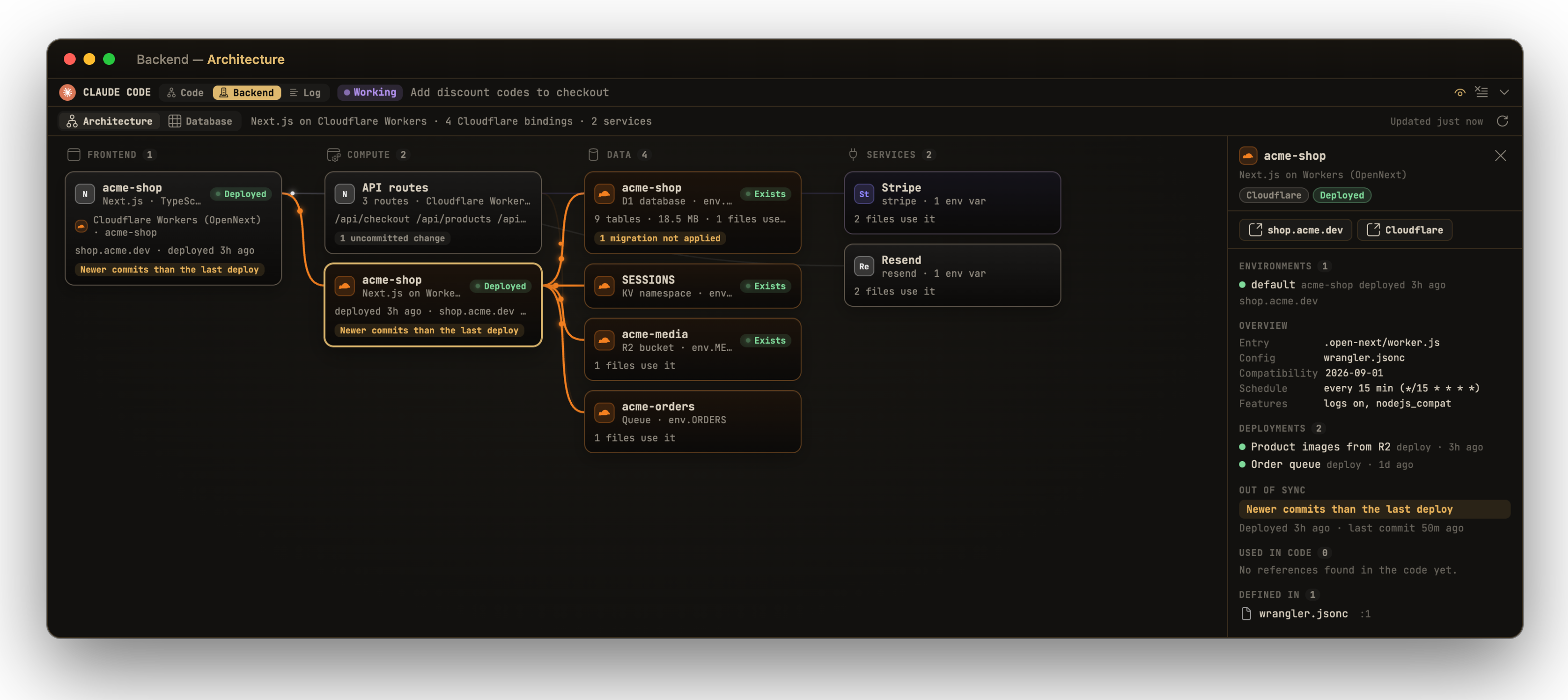 The Backend tab: frontend, compute, data and services, with live deploy status