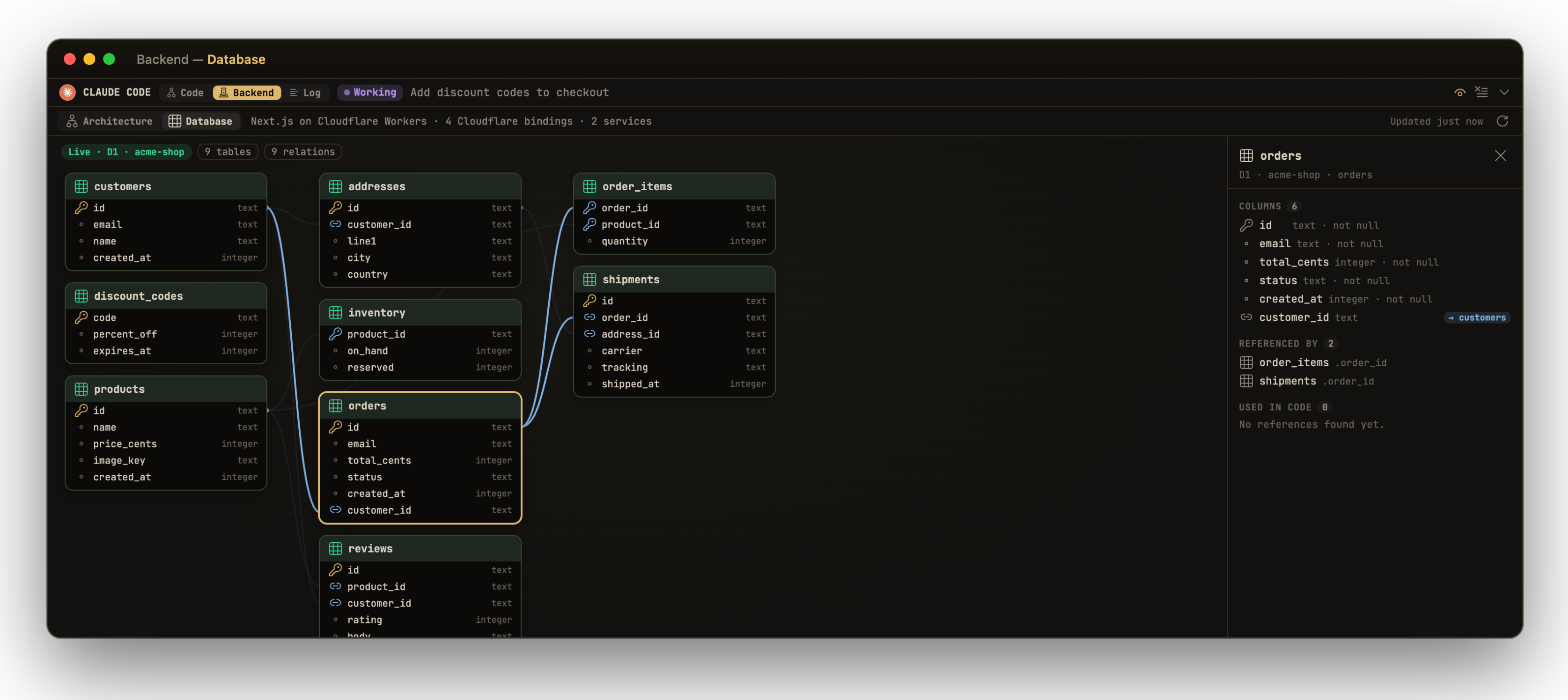 The Database view: tables, columns and relations