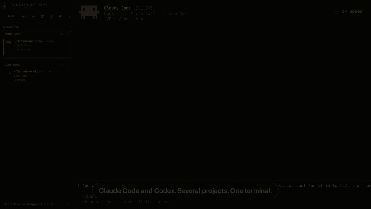 Claude Code and Codex working in two projects at once, a permission prompt answered from the sidebar, the editor following Claude's edits, Codex answering from Claude's project notes, and a hand-off from Claude to Codex