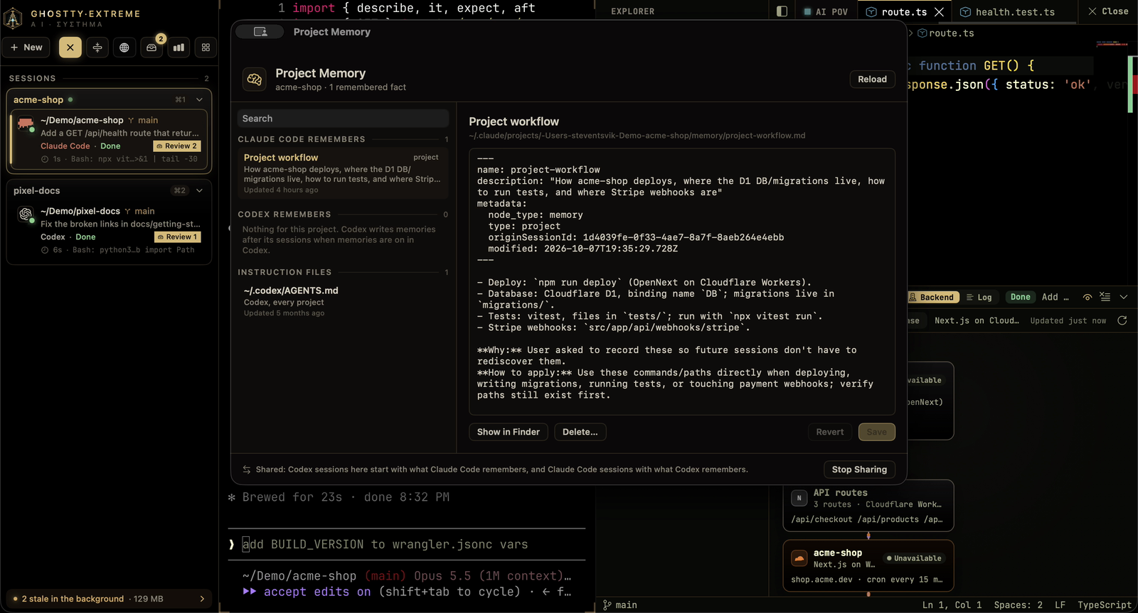 The Project Memory window: Claude Code's saved notes for the project, Codex's memories and the instruction files