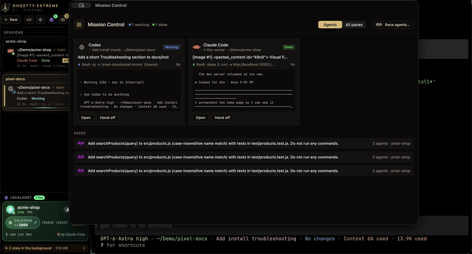 Mission Control: Codex working in one project and Claude Code done in another, each with its task, last action and terminal
