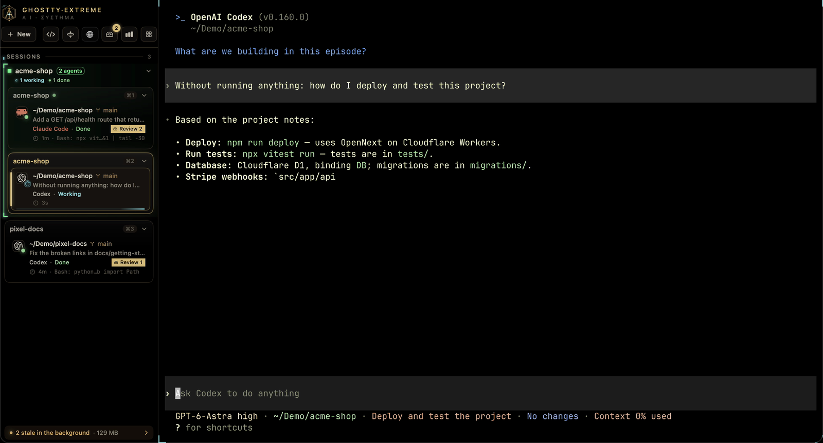 A brand-new Codex session answering how to deploy and test the project from Claude Code's saved notes