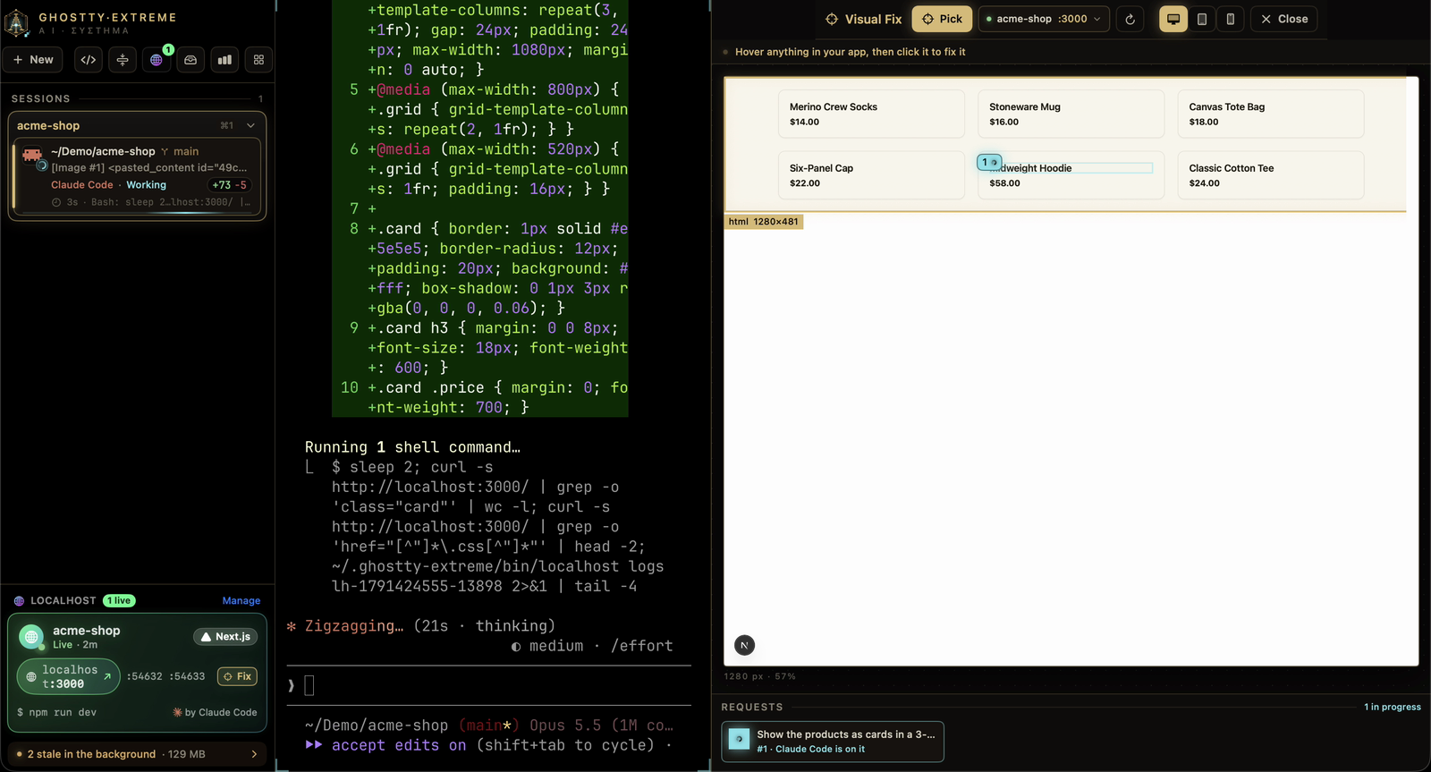 The same page after Claude Code made the change: products as cards in a three-column grid, and the request marked done