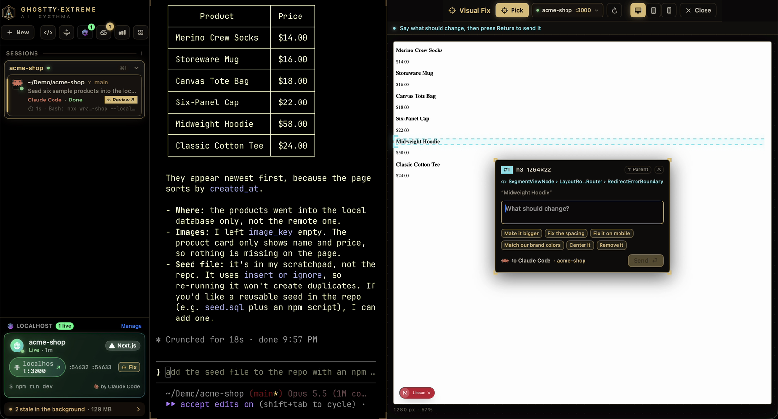 Visual Fix: a product heading picked in the running app, with a box to say what should change and send it to Claude Code