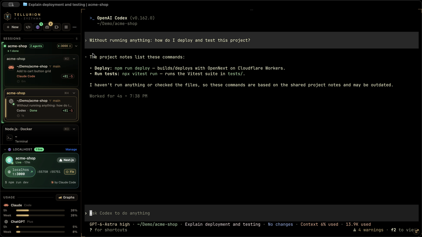 A brand-new Codex session answering how to deploy and test the project from Claude Code's saved notes