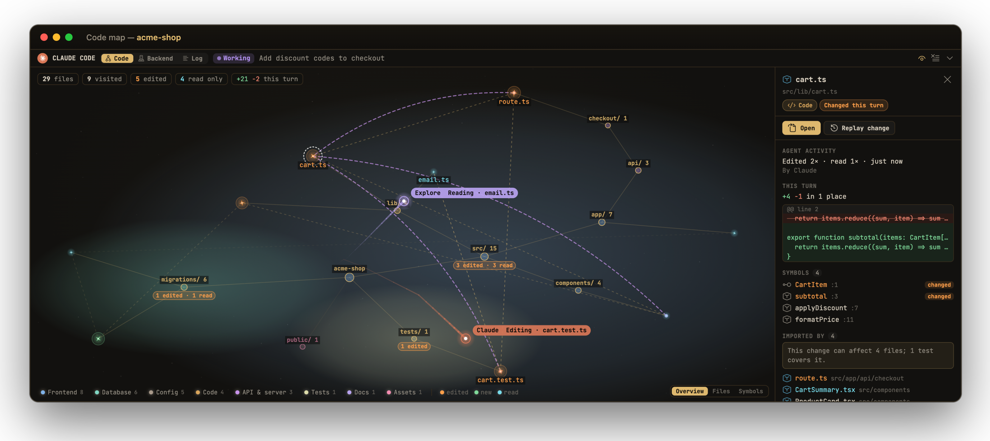 The code map: the project as a star map, with the agent's path and a file's blast radius