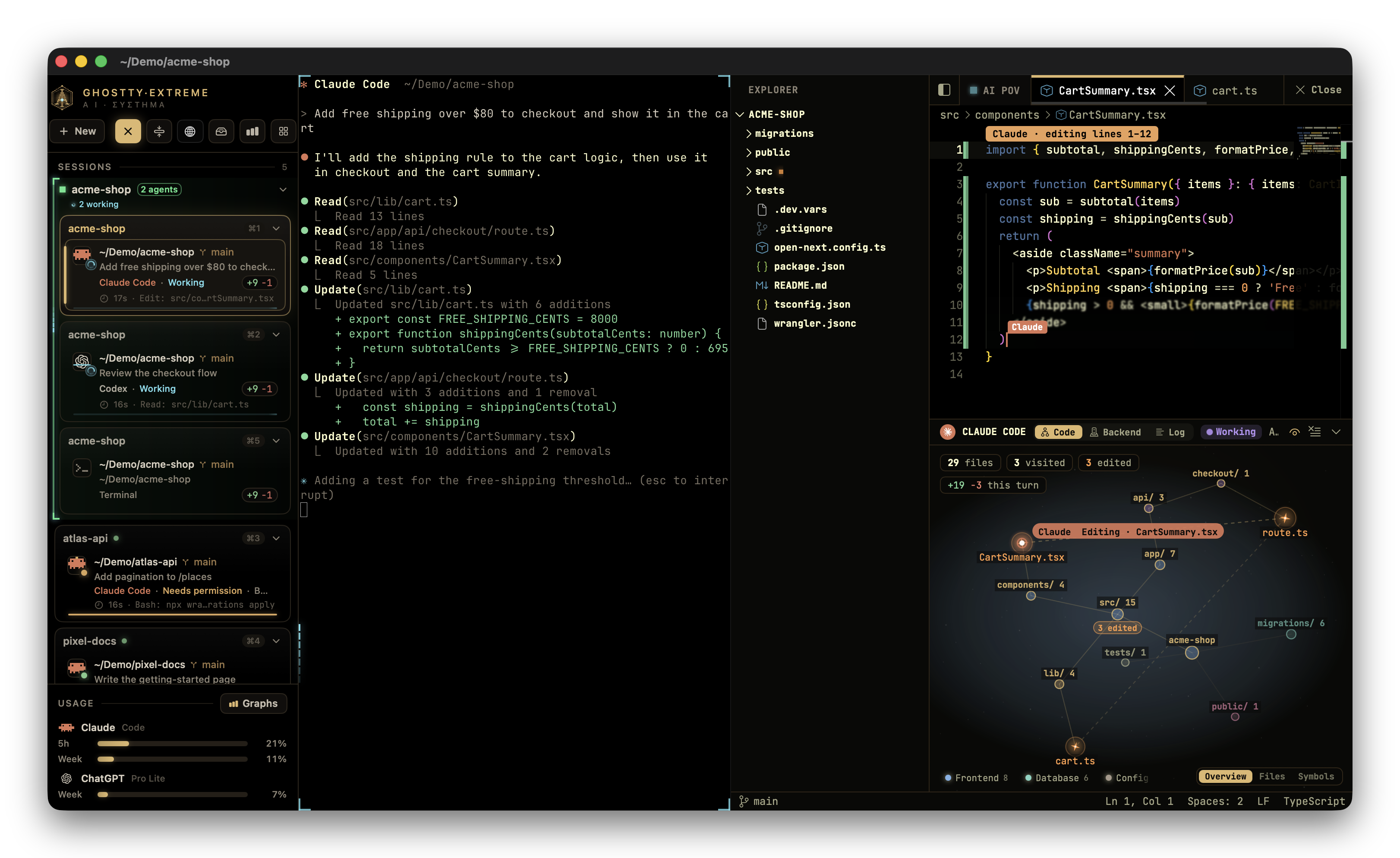 GhosttyEXTREME with a live Claude Code agent: the agent sidebar, the terminal, the code editor typing in the agent's edit, and the code map tracing its path