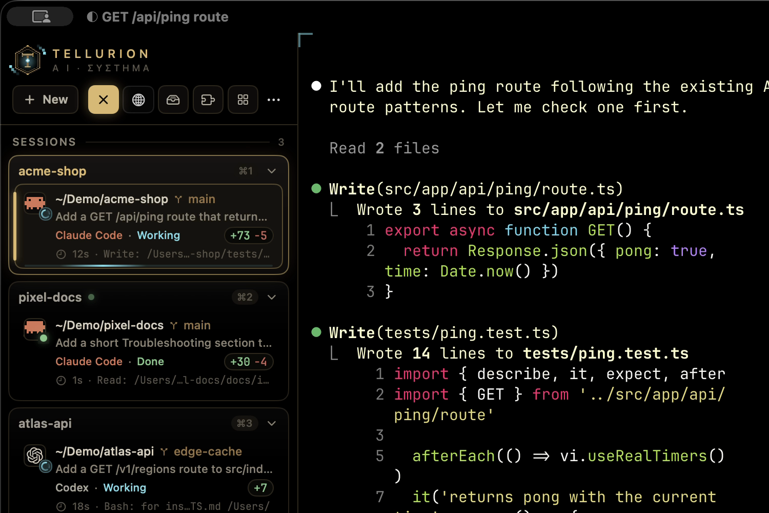 The sidebar with three projects: Claude Code waiting for permission to run its tests, with Allow and Deny on its card, while Claude Code and Codex work in the other two