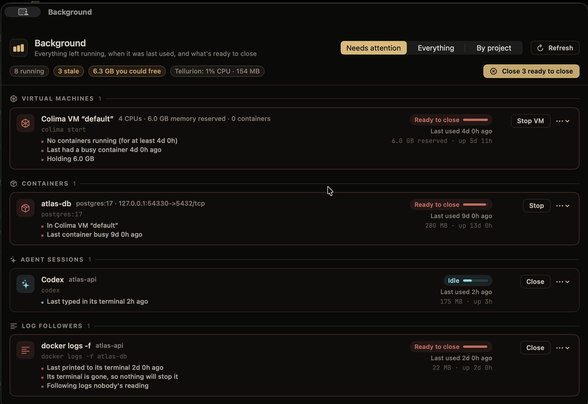 The Background window: a Colima VM, a Postgres container, an idle Codex session and a log follower, each with a staleness rating, when it was last used, its memory, and Stop or Close