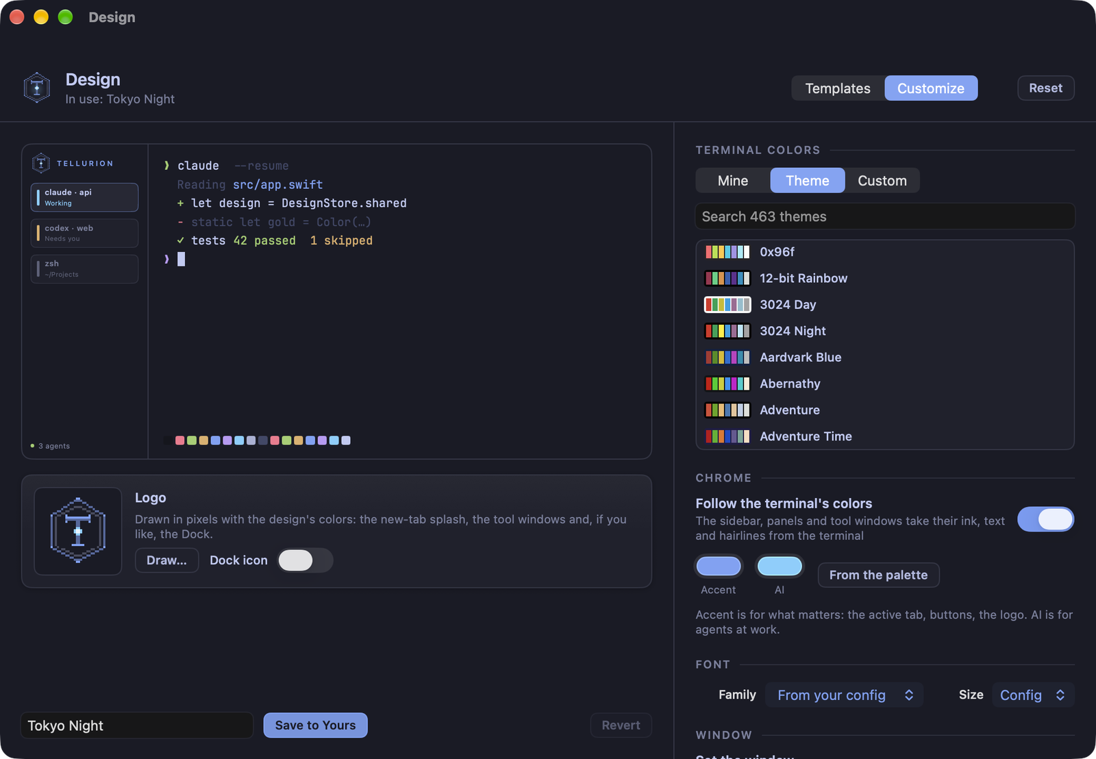 Customize: the live preview and logo on the left; terminal colors from a theme list, the chrome's accent and AI colors, font, and window settings on the right