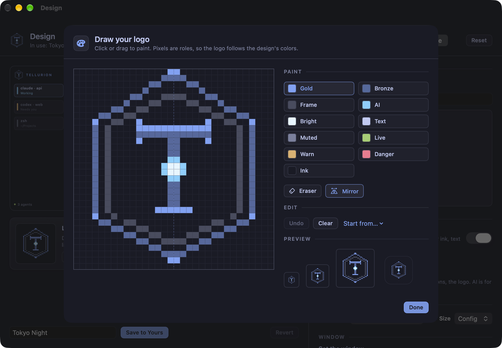 The logo editor: a 32 by 32 pixel canvas with the Tellurion mark, color roles to paint with, mirror and eraser, and previews at three sizes plus the Dock icon