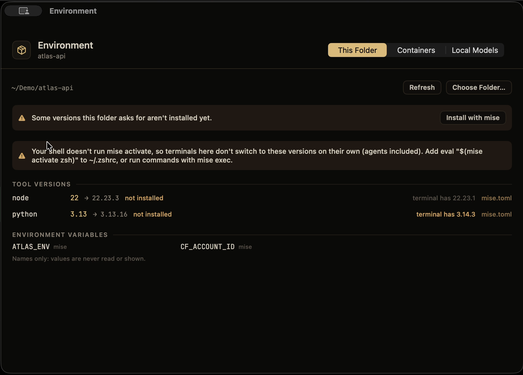 The Environment window for a folder: node 22 and python 3.13 asked for by mise.toml but not installed, and the environment variables mise adds, names only