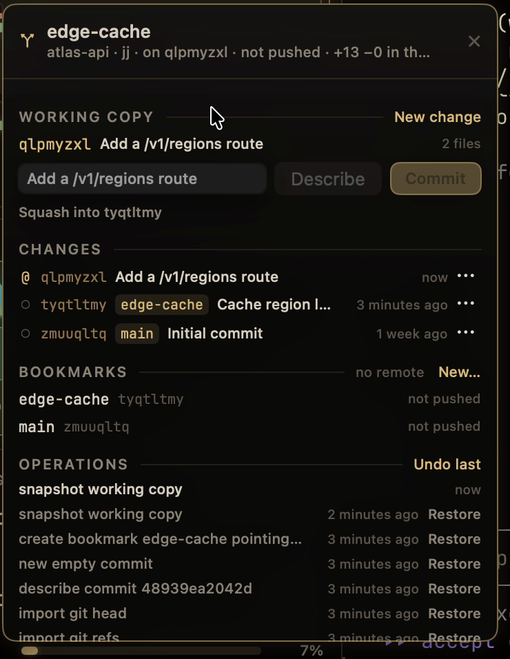 The Git panel in a jj repository: the working-copy change with Describe and Commit, the changes around it, bookmarks and the operation log with Undo last and Restore