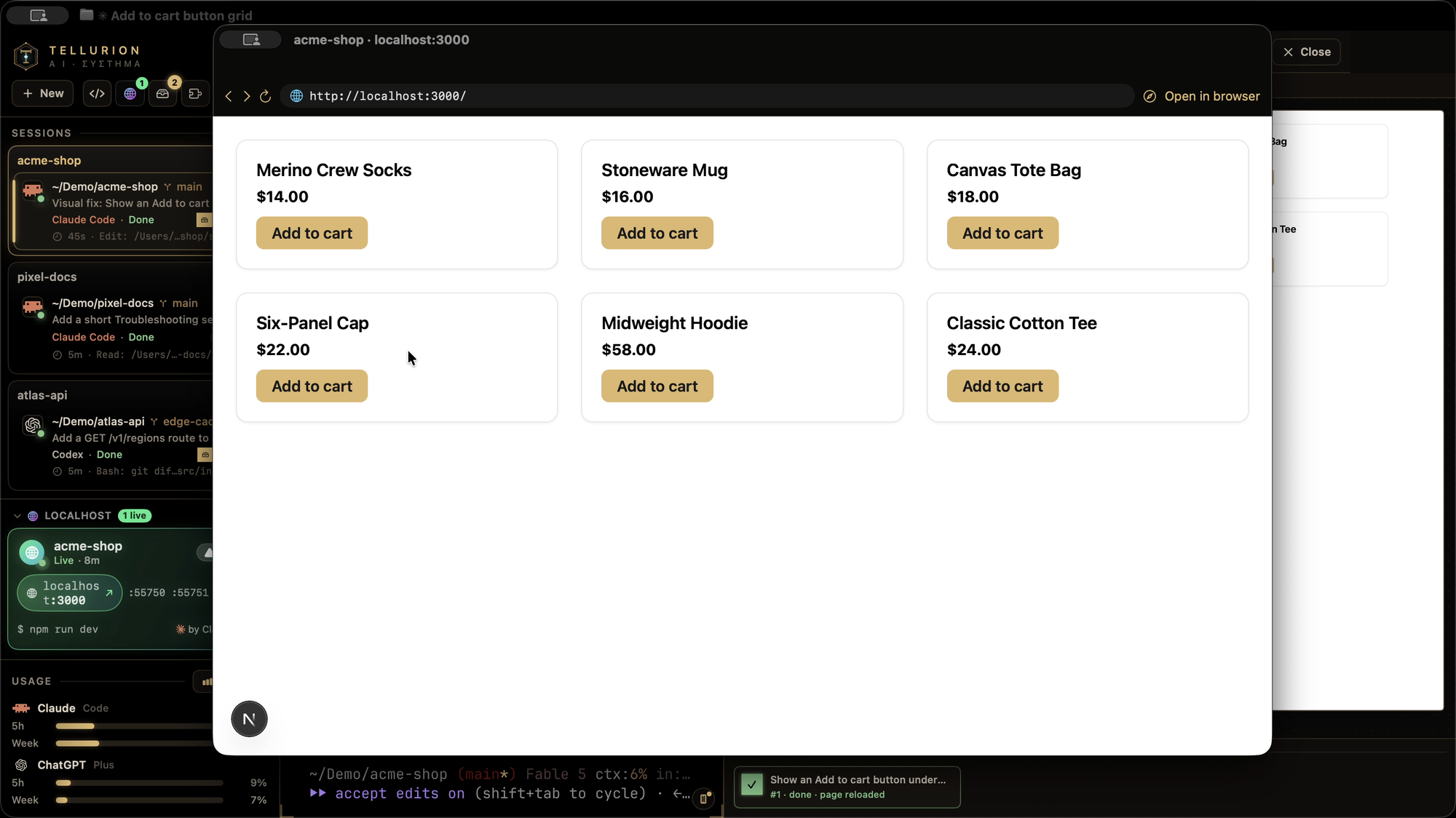 The built-in preview of the running shop at localhost:3000, opened from the Localhost manager