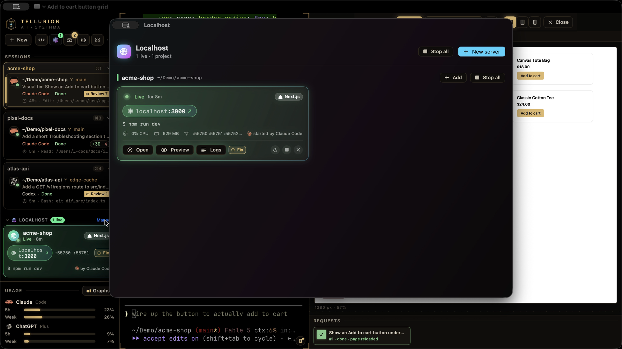 The Localhost manager: acme-shop's Next.js dev server, live on localhost:3000, with its CPU, memory and ports, and Open, Preview, Logs and Fix