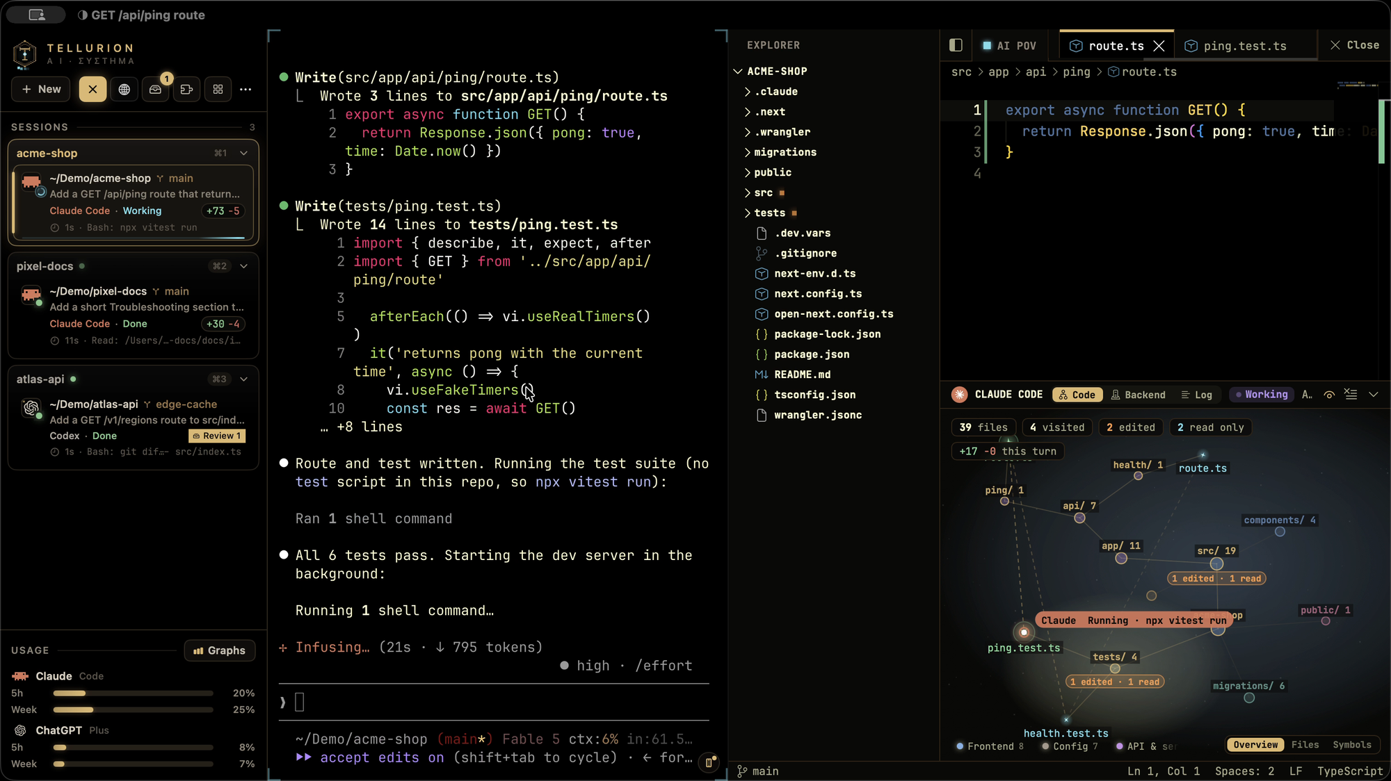 Tellurion with a live Claude Code agent: the agent sidebar, the terminal, the code editor typing in the agent's edit, and the code map tracing its path