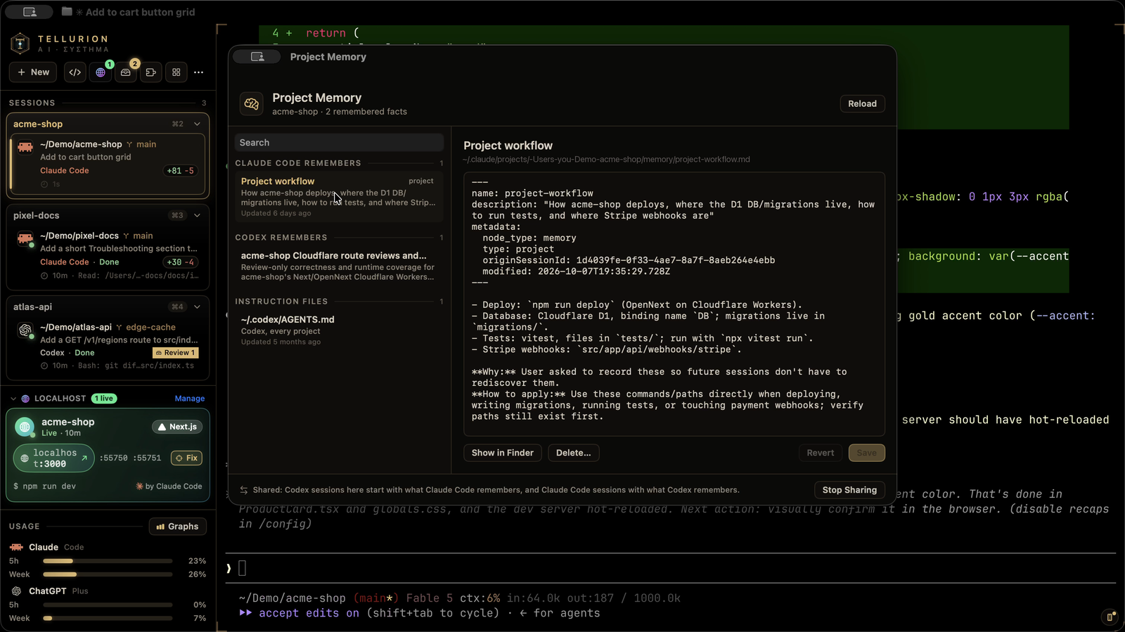 The Project Memory window: Claude Code's saved notes for the project, Codex's memories and the instruction files