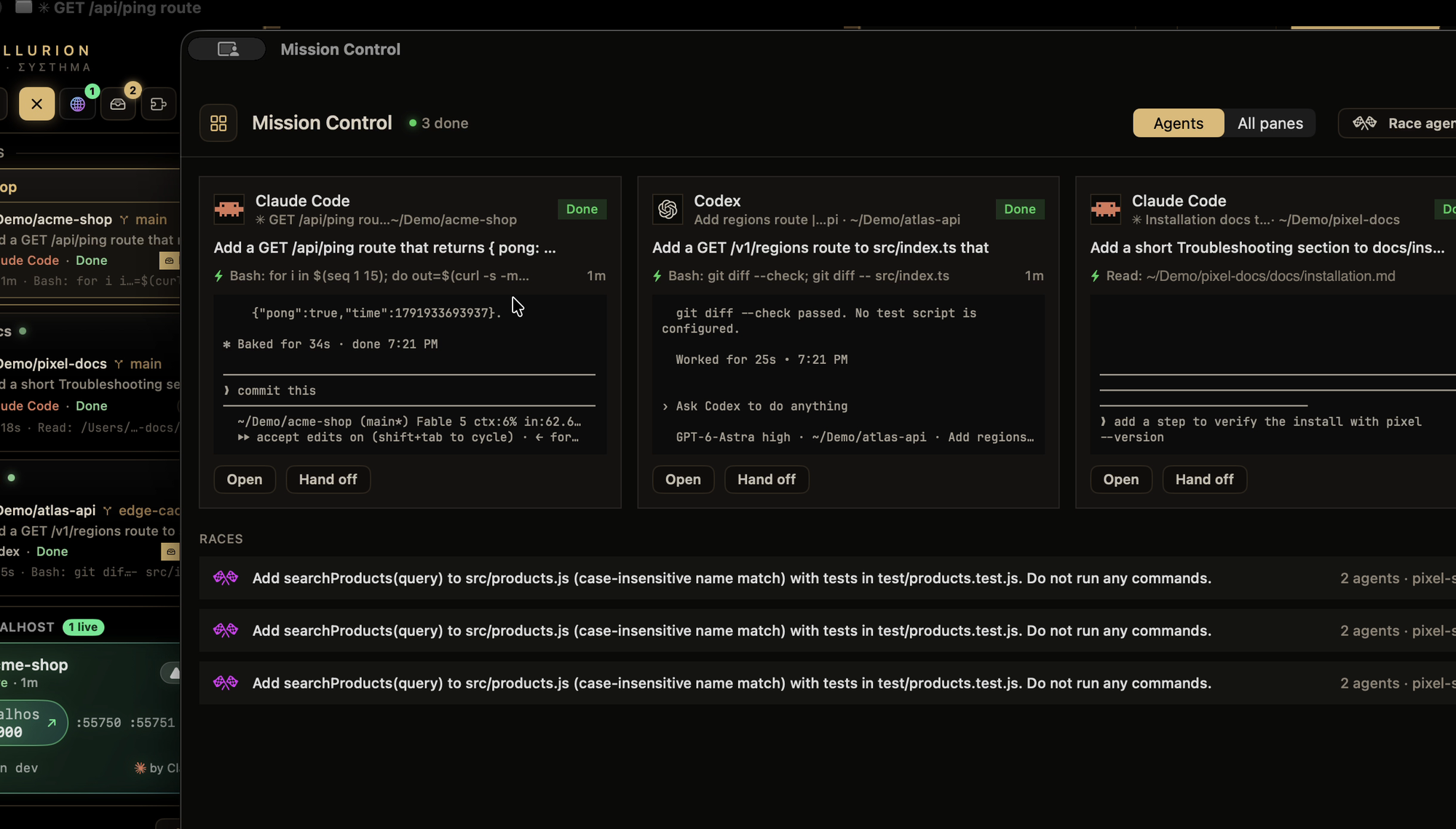 Mission Control: Codex and two Claude Code agents in three projects, each with its task, last action and terminal