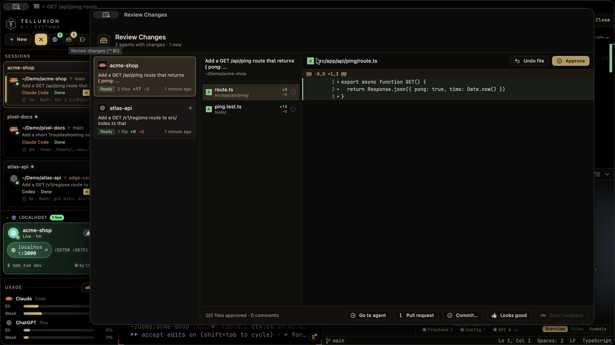Review Changes: turns from Codex and Claude Code in two projects, with Codex's new route shown as a diff