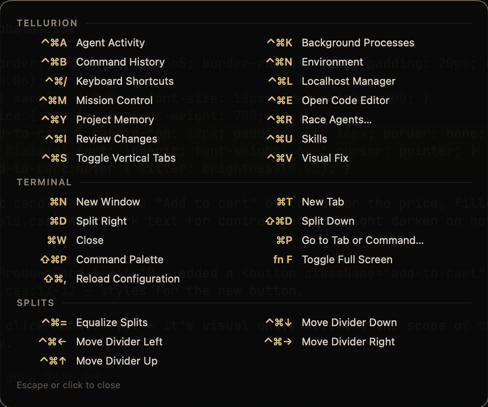 The shortcut overlay: every Tellurion and Ghostty shortcut