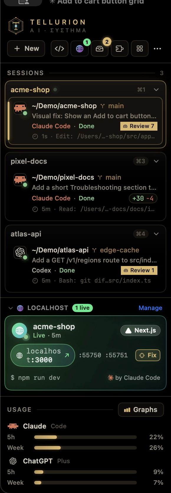 The sidebar: three projects with their agents, a live localhost card for acme-shop, the Visual Fix request it just finished, and the usage meters for Claude and ChatGPT