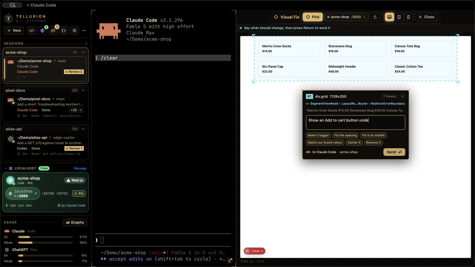 Visual Fix beside Claude Code: the shop's product grid picked in the running app, with "Show an Add to cart button under each price" typed in and ready to send to Claude Code