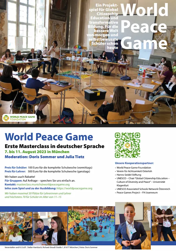 Flyer der ersten World Peace Game Masterclass in deutscher Sprache