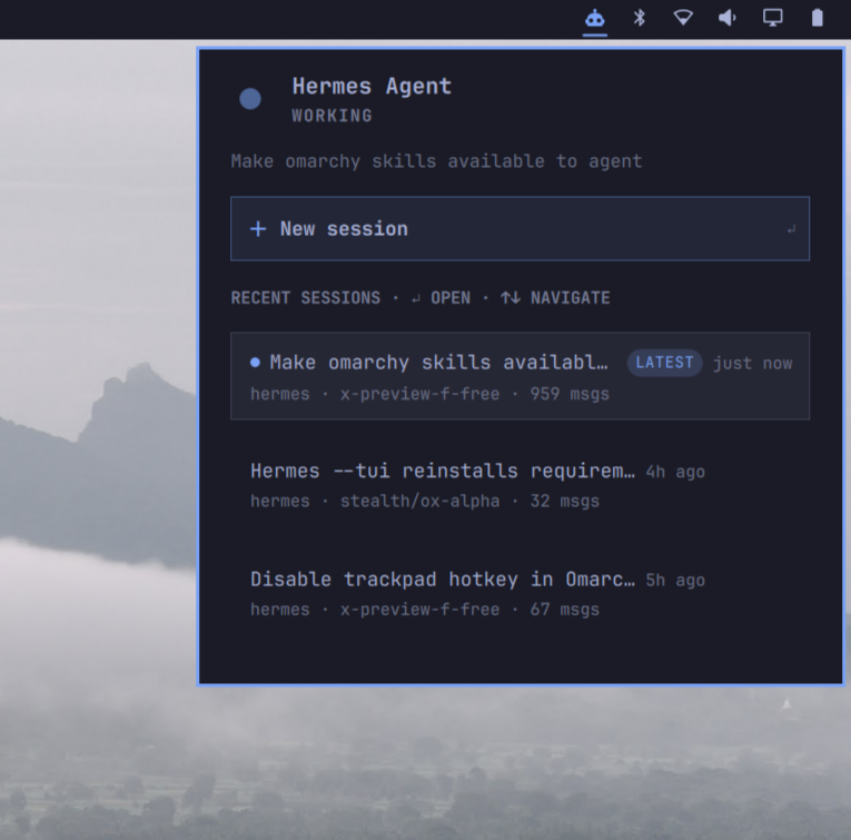Hermes Sessions panel showing live status, the New session button, and recent sessions